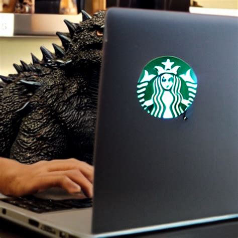 KREA AI Godzilla Sitting At A Starbucks Using Glasses And