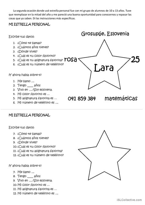 Estrella personal rompehielos Español ELE hojas de trabajo pdf doc