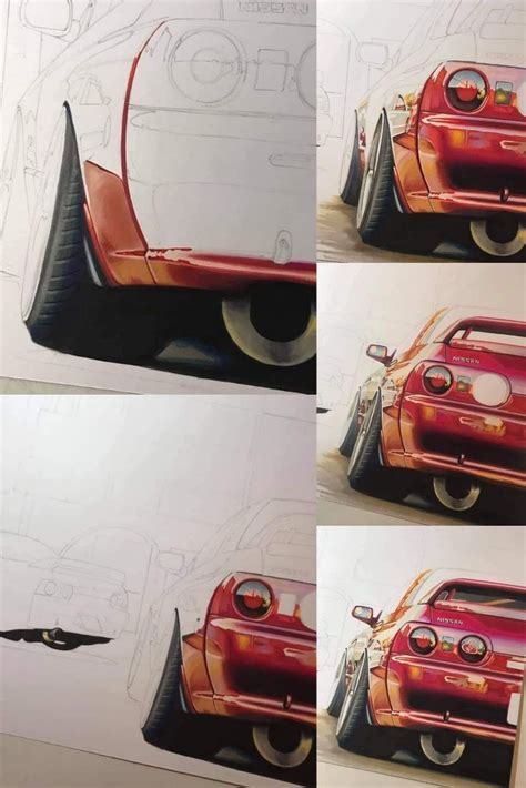 four pictures of an old red car in different stages of being painted ...