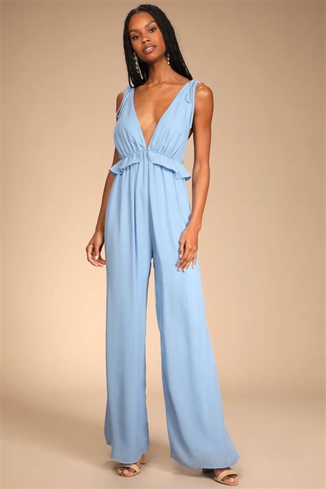 Light Blue Wide Leg Jumpsuit Plunge Jumpsuit Ruffled Jumpsuit Lulus