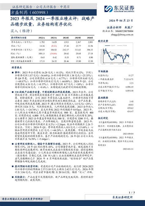 2023年报及2024一季报业绩点评：战略产品稳步放量，业务结构有序优化