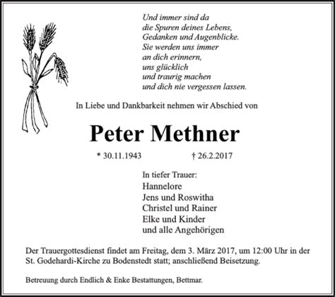 Traueranzeigen Von Peter Methner Trauer38 De