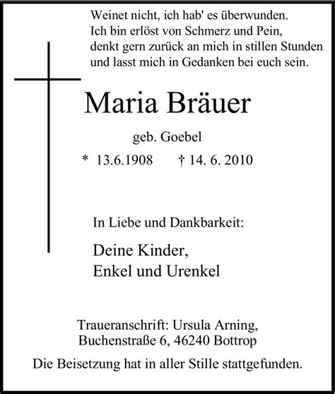 Traueranzeigen Von Maria Br Uer Trauer In Nrw De