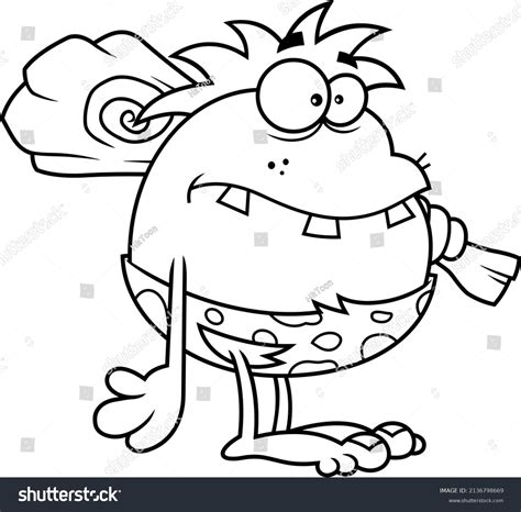 Outlined Toothy Caveman Cartoon Character Club Stock Vector Royalty