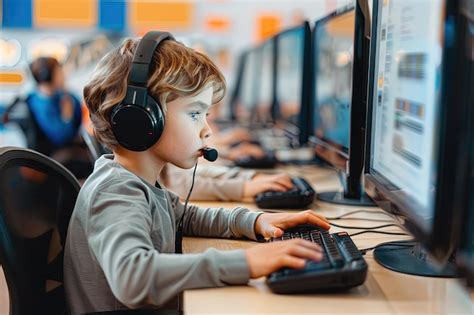 Un niño con auriculares y usando una computadora Foto Premium