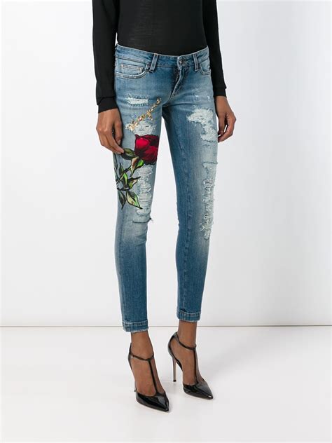 Lyst Dolce Gabbana Rose Appliqu Ripped Jeans In Blue