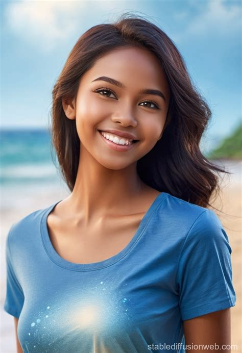 Detailed Portrait Of Smiling Indonesian Girl In Blue Shirt Stable