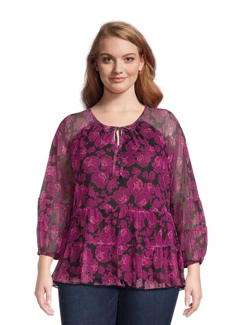 Terra And Sky Womens Plus Size Print Mesh Peasant Top With Long Sleeves