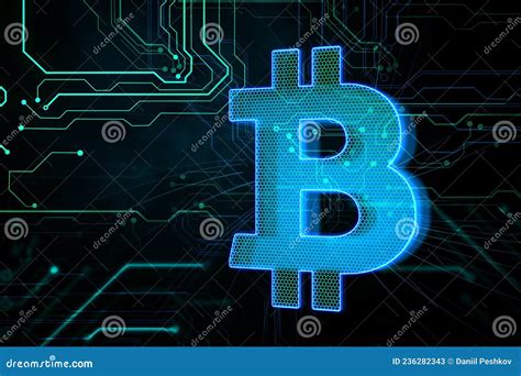 Creative Glowing Blue Bitcoin Hologram On Circuit Background Hardware