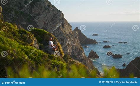 Serene Person Meditating Ocean View Calm Man Resting Practicing Yoga