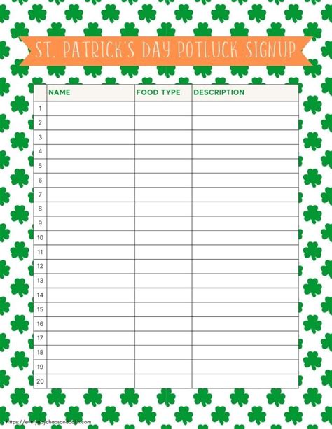 Free Printable St Patrick S Day Potluck Sign Up Sheets