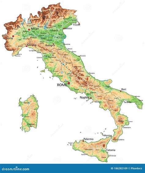 Cartina Fisica Dettagliata Dellitalia Con Etichettatura Illustrazione