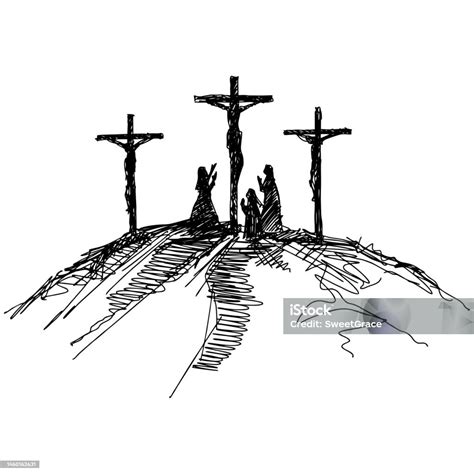 Handdrawn Vector Illustration For Easter Three Crosses On Top Of Mount Calvary Near Jerusalem