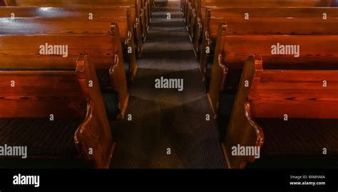 Close Up View Of Pews Inside An Empty Church Stock Photo Alamy