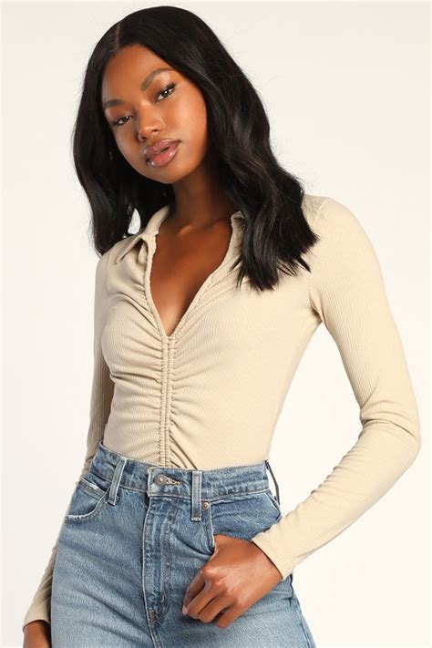 Beige Ribbed Bodysuit Long Sleeve Bodysuit Ruched Bodysuit Lulus