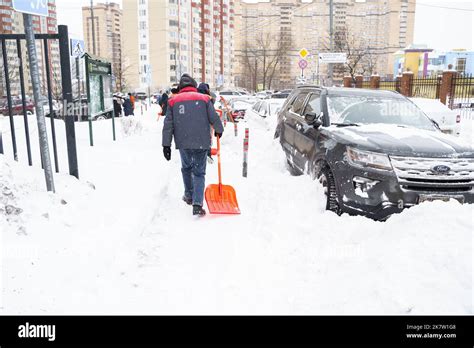 Russia Moscow Street Cleaners Men Clean Snow From Road