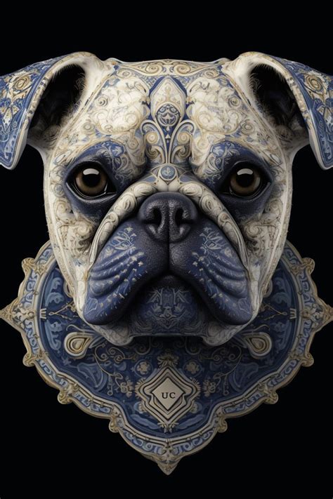 a blue and white pug dog mask on a black background