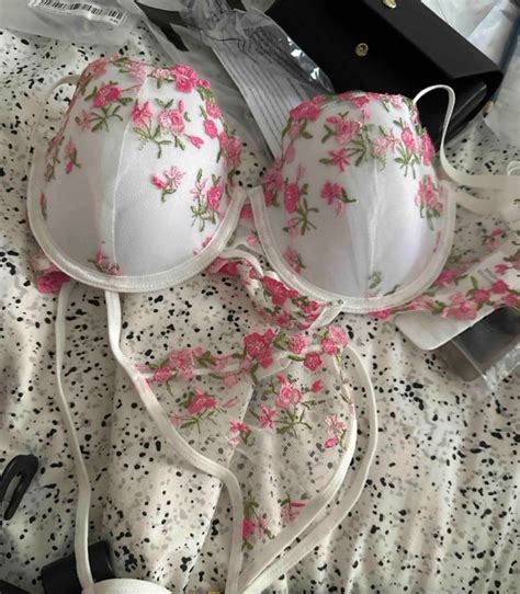 White Pink Floral Embroidered Lingerie Set Women S Fashion New Undergarments Loungewear On