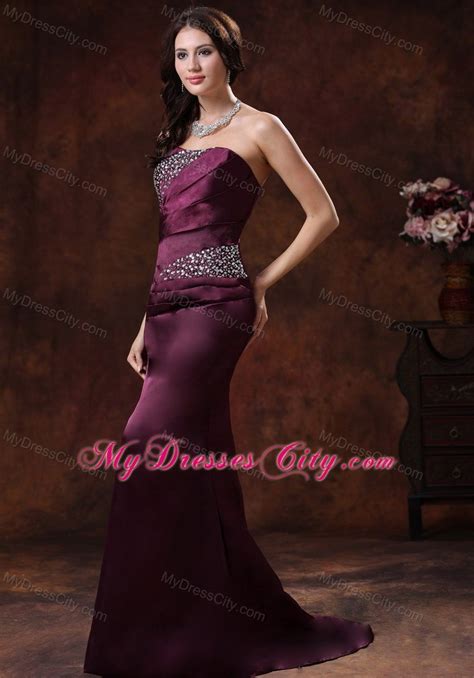 Dark Purple Mermaid Beaded Evening Dress With Brush Train