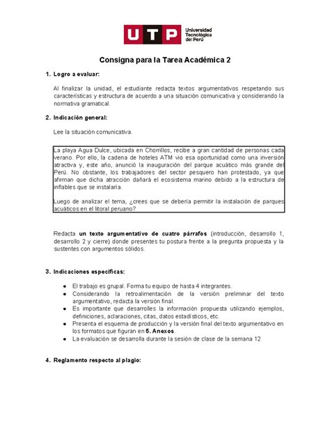 Ta Redaccion Ta Consigna Para La Tarea Acad Mica Logro A