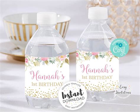 Floral Water Bottle Label Editable Water Bottle Labels Pink Etsy