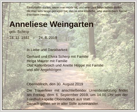 Traueranzeigen Von Anneliese Weingarten Trauer Hna De