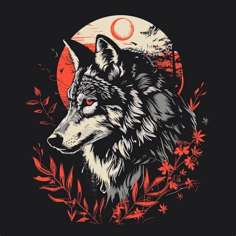 Cabeça de lobo no fundo da lua cheia Ilustração vetorial Vetor Premium