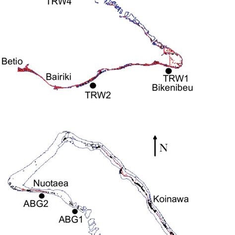 Map of a) Tarawa Atoll and b) Abaiang Atoll with survey sites marked ...