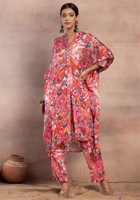 Buy Women Pink Abstract Print Embroidered Kaftan Kurta With Pants Set