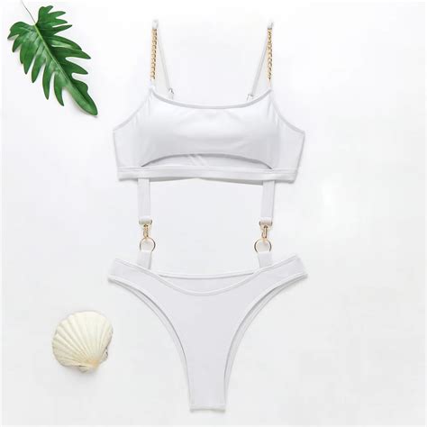 Open Hot Girl Metal Ring Bathing Suit Solid Hollow Out Chain Sexy