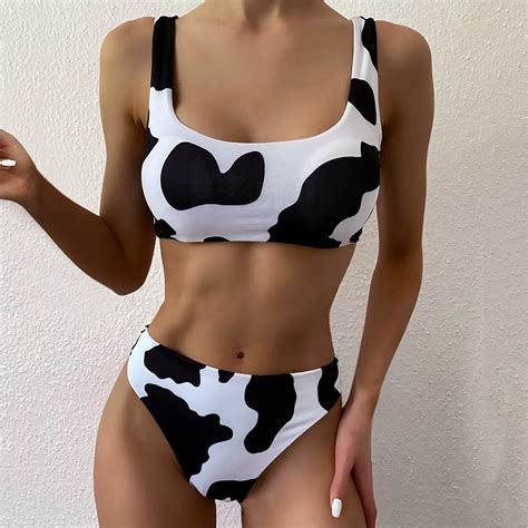 Conjunto De Bikini Con Estampado De Vaca Para Mujer Traje De Baño Sexy