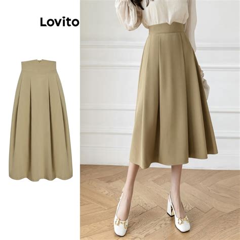 Lovito Casual Plain Pleated Skirts For Women L Ed Khaki Lovito