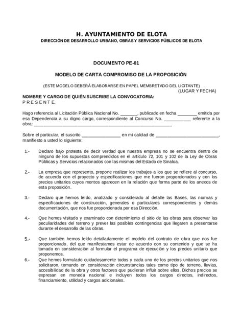 DOCUMENTO PE 01 MODELO DE CARTA Compranet Sinaloa Gob Doc