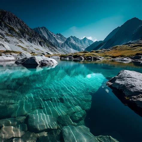 Beautiful alpine lake with crystal clear water and mountains in ...