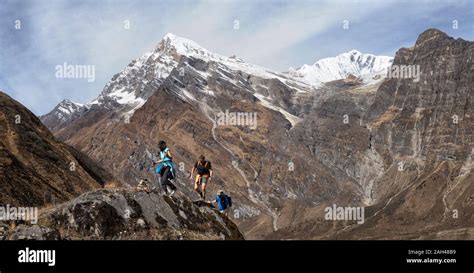 Hikers At Tsaurabong Peak Italian Base Camp Dhaulagiri Circuit Trek