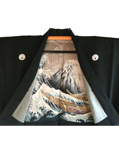 Men S Vintage Haori Kimono Black Silk Dakimyoga Montsuki Fuji San