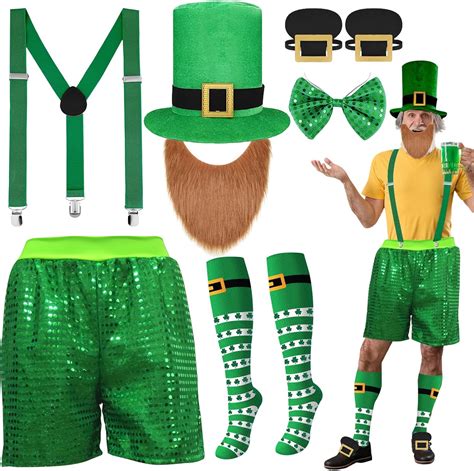 Camduck 7 Pcs St Patricks Day Costume Accessories Leprechaun Costume Sequin Shorts