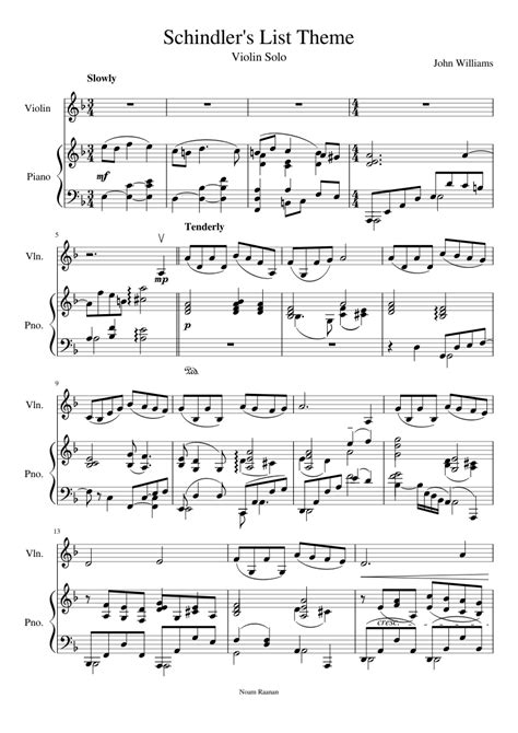 Schindlers List Theme Sheet Music For Piano Violin Solo