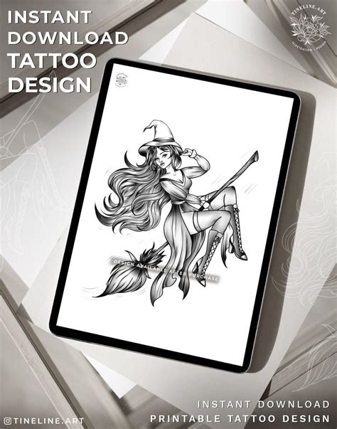 Tattoo Design Spooky Flying Witch on Broom Feminine,fineline Black/grey Instant Download and ...