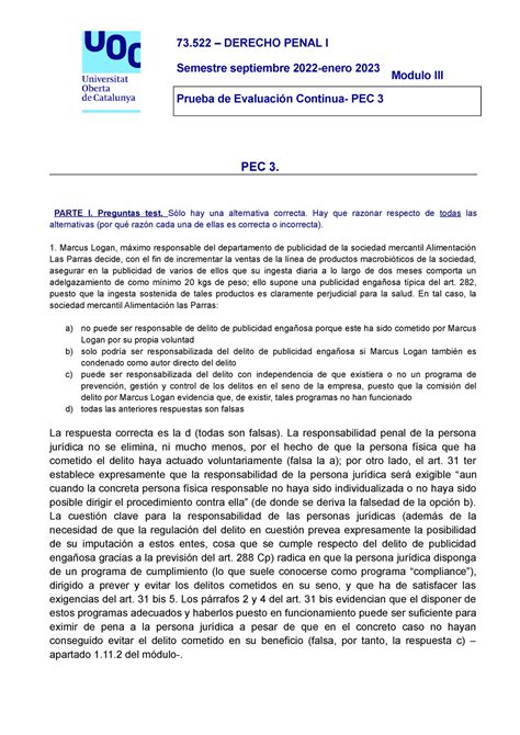 73522 PEC3 SOL 22223 Solución PEC 3 DERECHO PENAL I 73 DERECHO