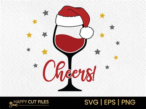 Cheers Svg Wine Glass with Santa Hat Gráfico por happycutfiles