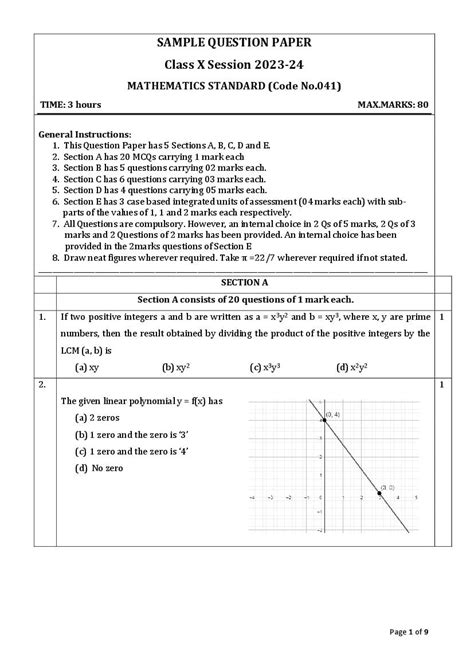 CBSE Class 10 Maths Standard Sample Paper 2024 PDF