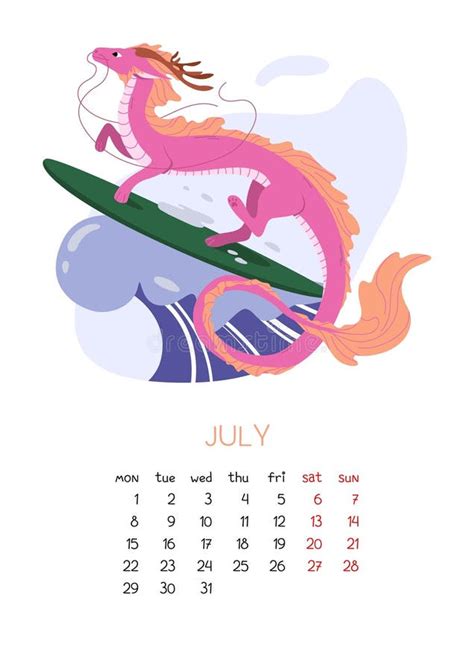 Kalender Voor Juli Met Chinese Dragon Rides Surfboard Op