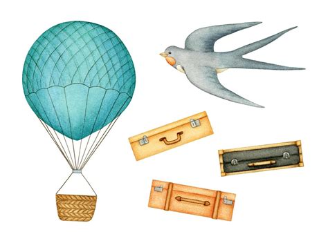Travelling Set With Hot Air Balloon Baggage And Swallow Vector Art At Vecteezy