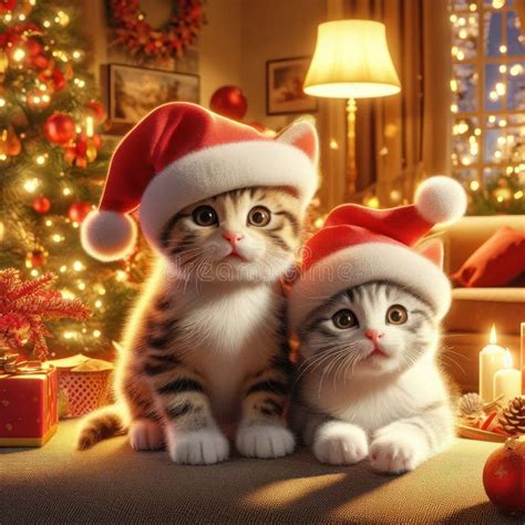 Two Cute Little Kittens with Santa Hats Stock Illustration - Illustration of sitting, gifts ...