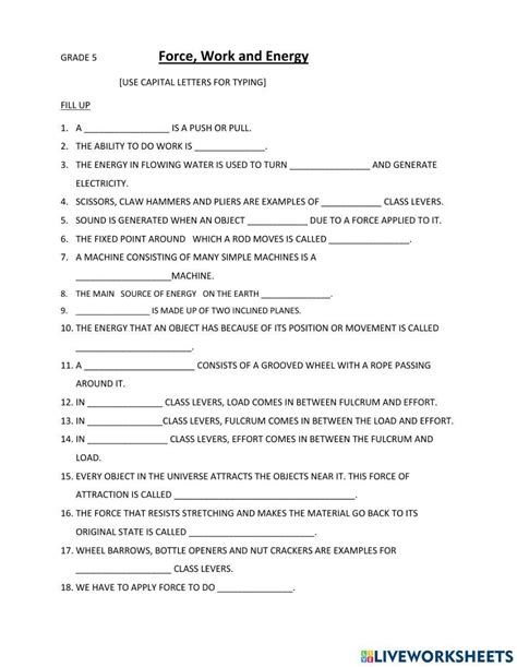 Force Work And Energy Interactive Worksheet Live Worksheets