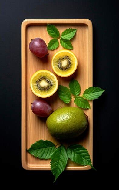 Premium Ai Image Kiwi Fruit On A Wooden Tray With Leaves Stylized