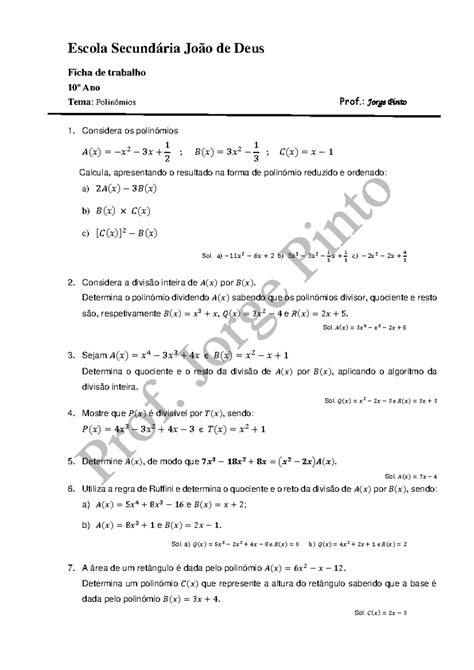 Polinómios 1 ficha de polinomios Escola Secundária João de Deus