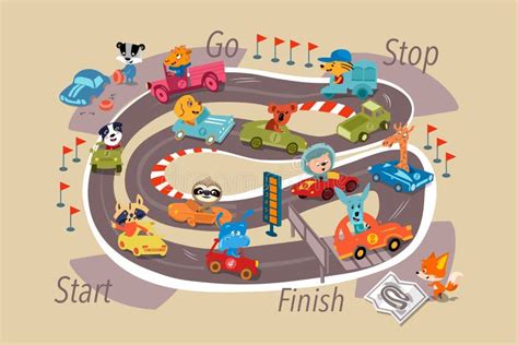 Cute Animals In Cars On Track Full Color Cartoon Picture Vector Color