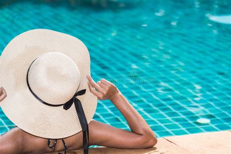 Back Beautiful Woman Female And Hat Luxury In Bikini Stock Image Image Of Leisure Holiday